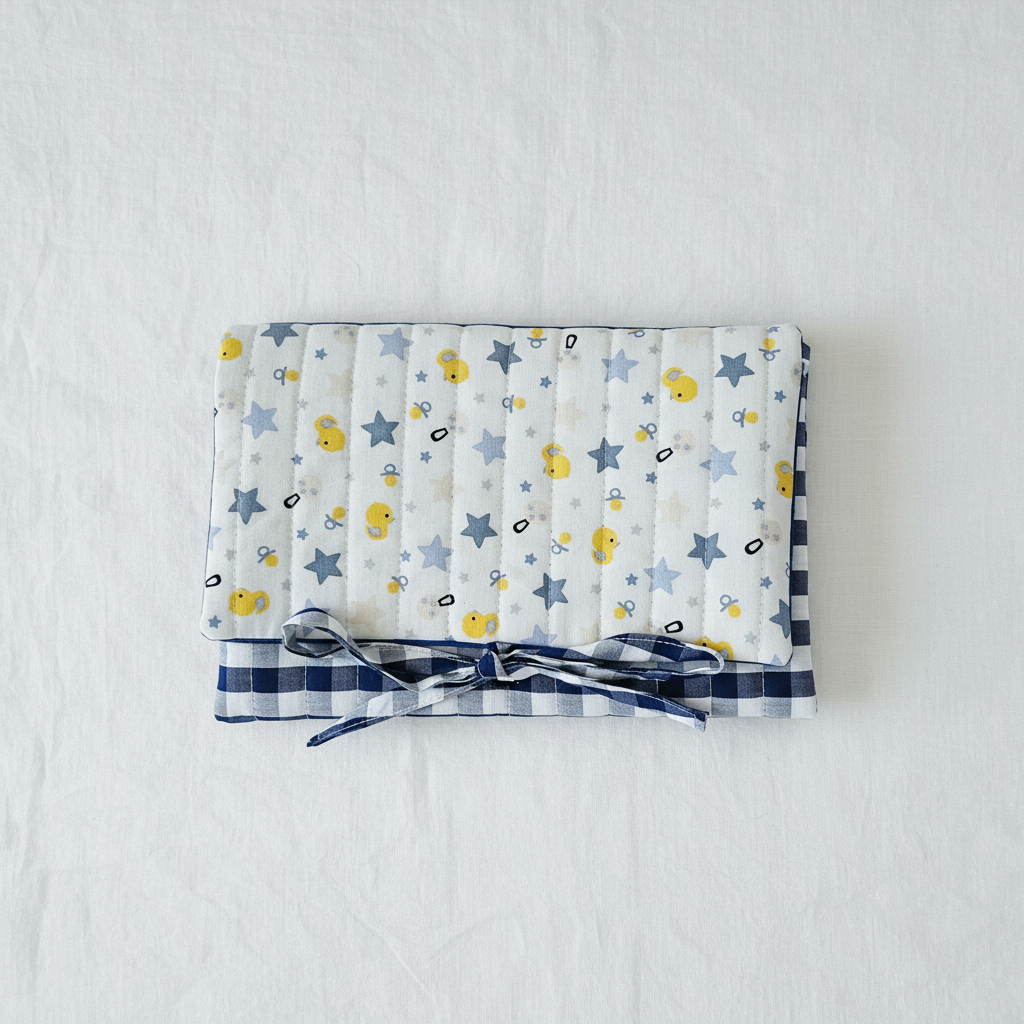 Pochette matelassée motif canard et étoiles et liens à nouer en tissu bleu et blanc vichy
