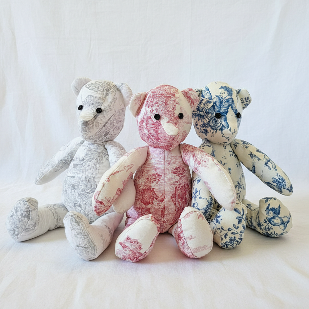 Trois oursons peluches faits main en tissu toile de Jouy, coloris gris, rose et bleu